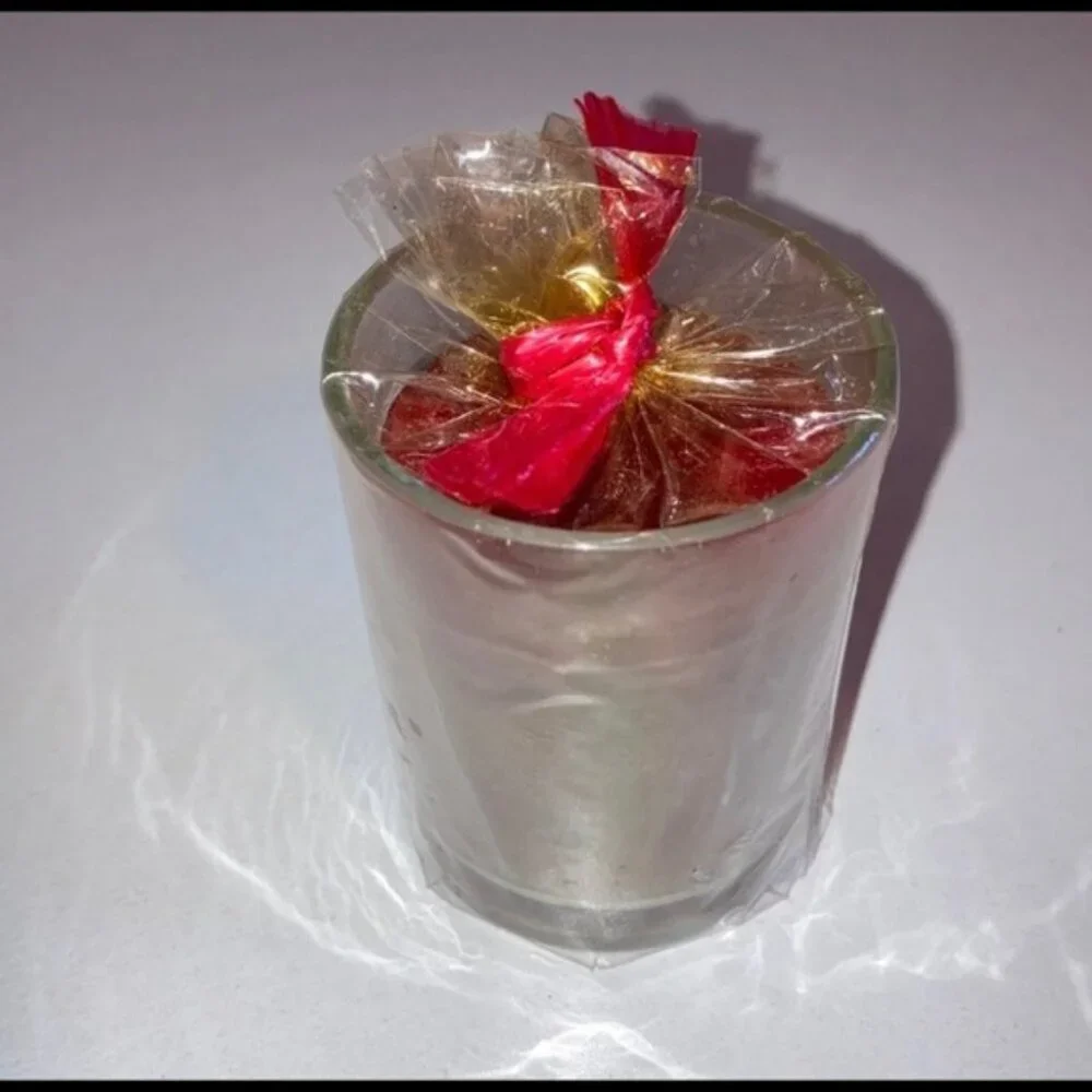 🕯️✨ Small Glass Candle in Clear Votive | Red & Gold Decorative Wrap